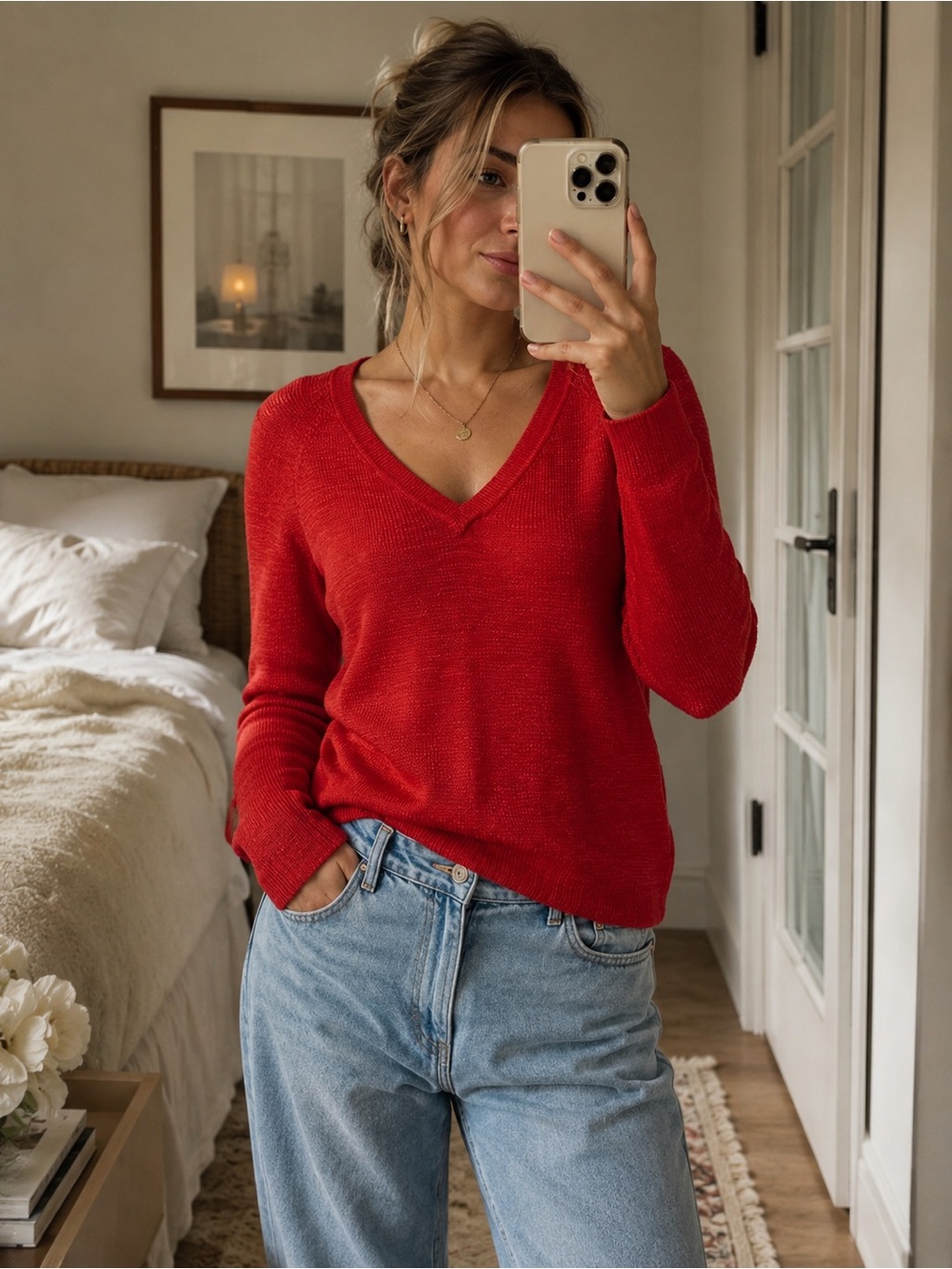 Eileen Fisher Organic Linen Cotton Red V Neck Sweater S/P